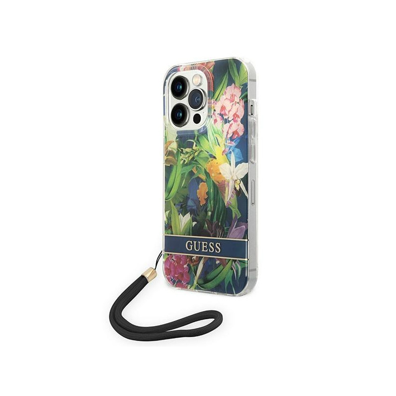 Kryt Guess GUOHCP14XHFLSB pro iPhone 14 Pro Max - blue / blue hardcase Flower Strap