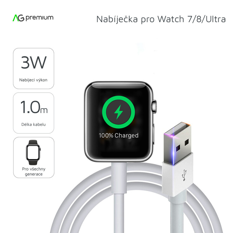 AG PREMIUM W12 Magnetická USB nabíječka pro Apple Watch všech generací, 1m, bílá