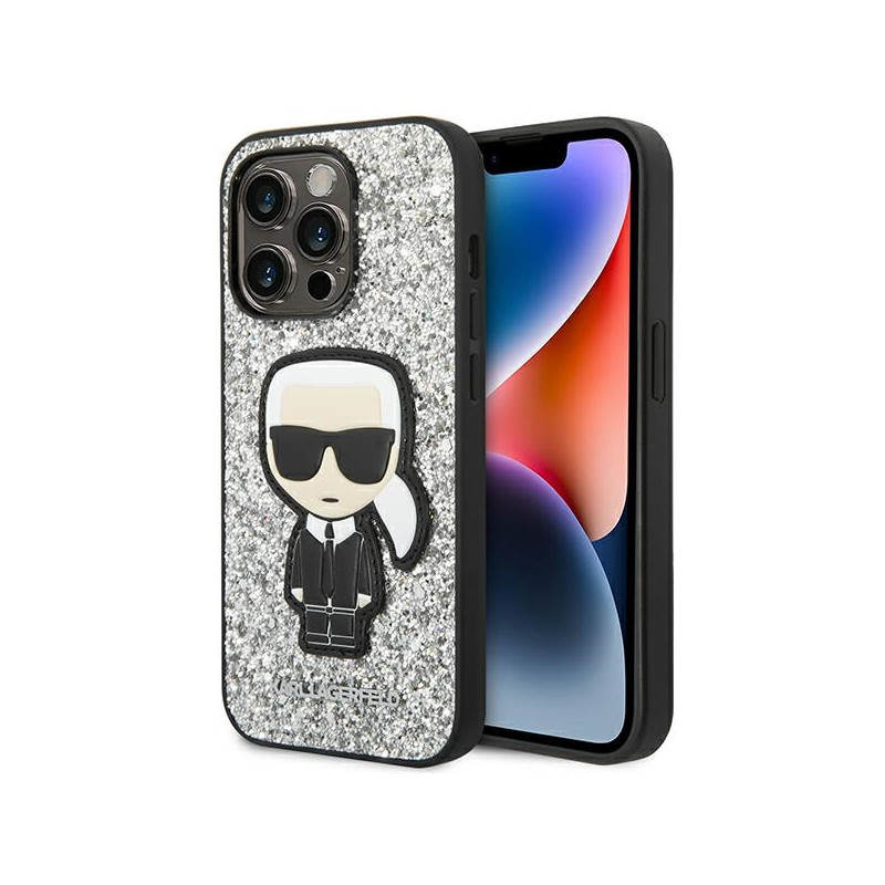 Kryt Karl Lagerfeld KLHCP14XGFKPG pro iPhone 14 Pro Max - silver / silver Glitter Flakes Ikonik