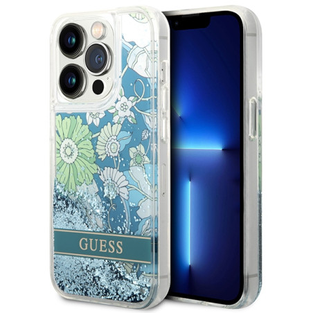 Kryt Guess Flower Liquid Glitter pro iPhone 14 Pro Max - zelená