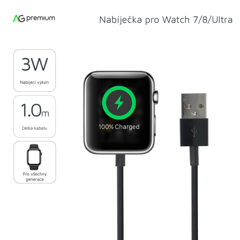 AG PREMIUM W12 Magnetická USB nabíječka pro Apple Watch všech generací, 1m, černá