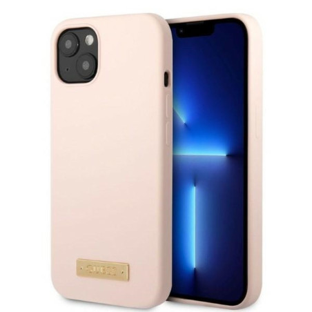 Kryt Guess Silicone Logo Plate MagSafe iPhone 13 mini růžová