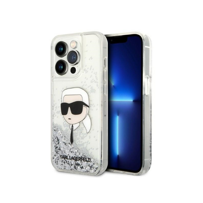 Kryt Karl Lagerfeld LIQUID GLITTER Karl's Head pro iPhone 14 Pro Max - stříbrný