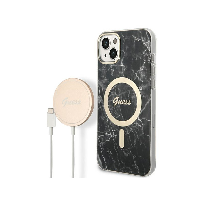 Kryt Guess GUBPP14SHMEACSK pro iPhone 14 - black/black (Marble MagSafe)