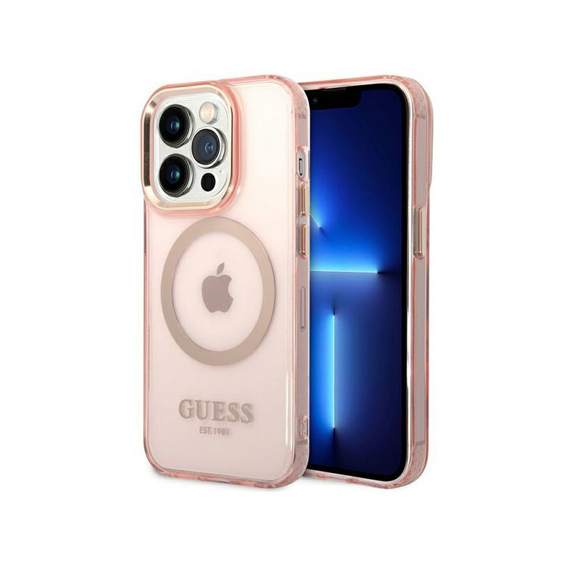 Kryt Guess GUHMP14XHTCMP pro iPhone 14 Pro Max - růžová/Gold Outline translucent MagSafe