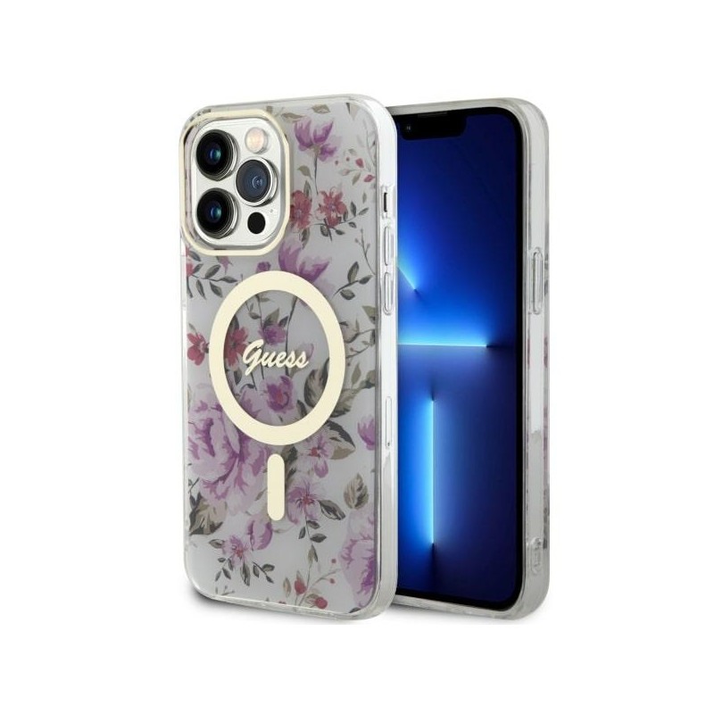Kryt Guess GUHMP14LHCFWST pro iPhone 14 Pro - transparent hardcase flower magsafe