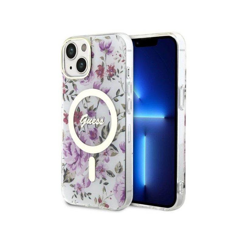 Kryt Guess FLOWER MagSafe pro iPhone 14 - transparentní