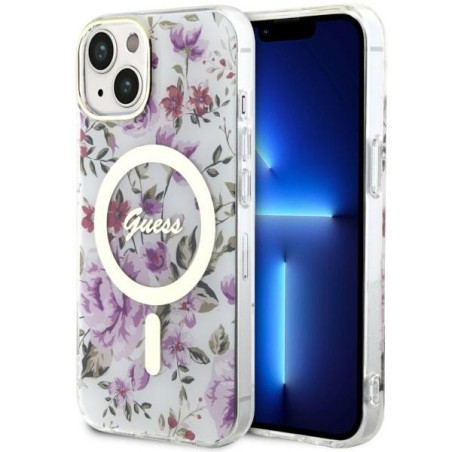 Kryt Guess FLOWER MagSafe iPhone 14 - transparentní