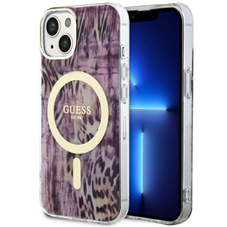 Kryt GUESS Leopard MagSafe pro iPhone 14 - růžový