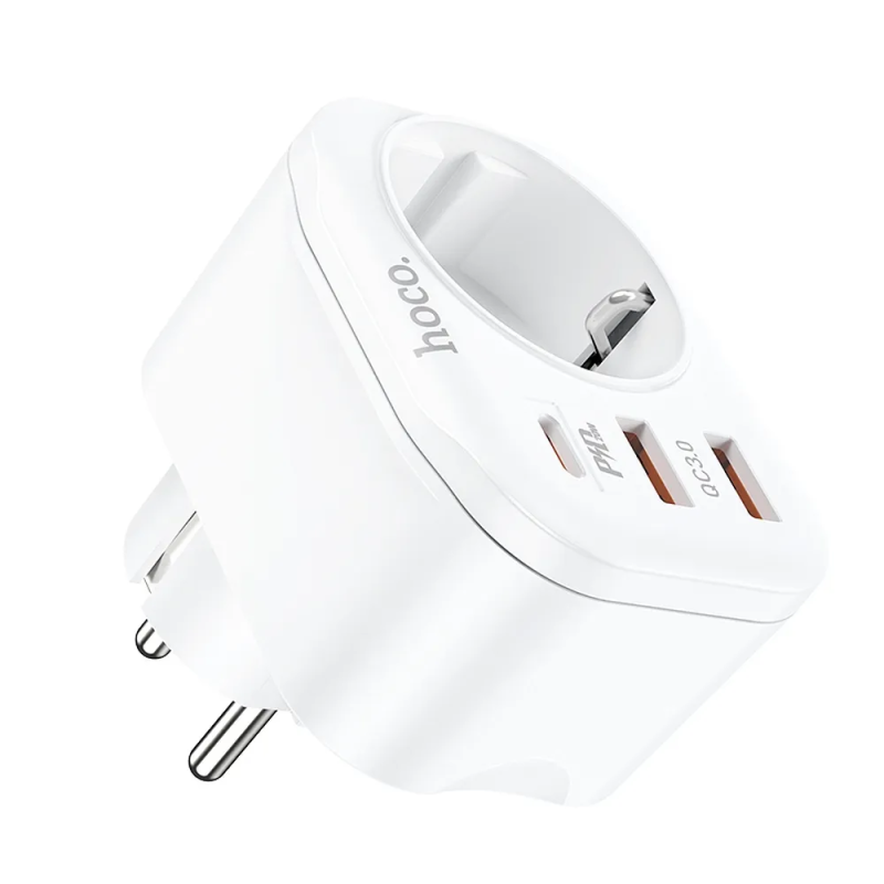 HOCO NS3 Multifunkční zásuvka Schuko 230V s 2x USB a USB-C PD, bílá