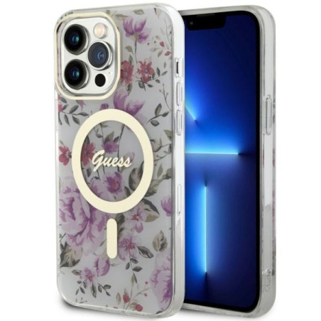 Kryt Guess Flower MagSafe pro iPhone 14 Pro Max transparent