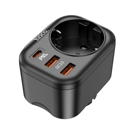 HOCO NS3 Multifunkční zásuvka Schuko 230V s 2x USB a USB-C PD, černá