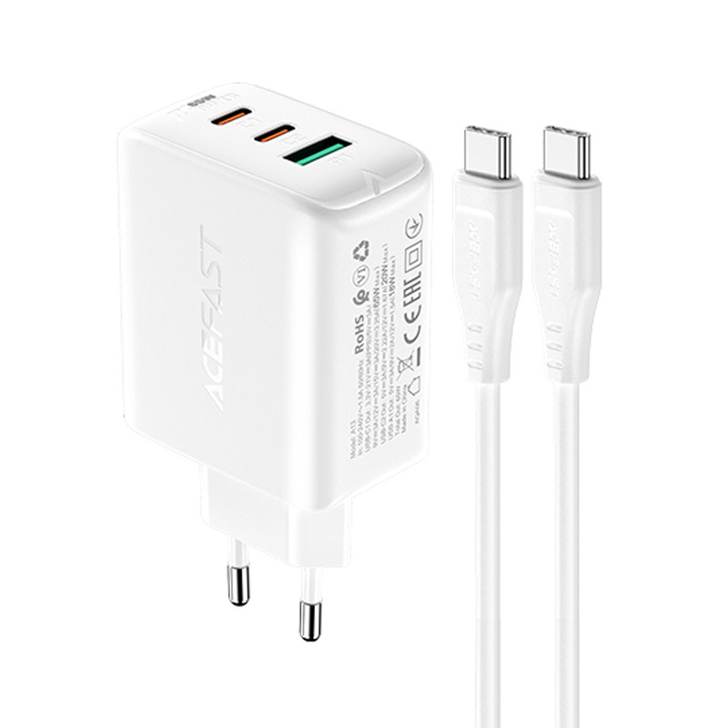 Acefast 2in1 wall charger 2x USB-C / USB-A 65W, PD, QC 3.0, AFC, FCP (set with USB-C 1.2m cable) white (A13 white)