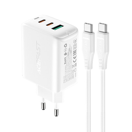 Acefast 2in1 wall charger 2x USB-C / USB-A 65W, PD, QC 3.0, AFC, FCP (set with USB-C 1.2m cable) white (A13 white)