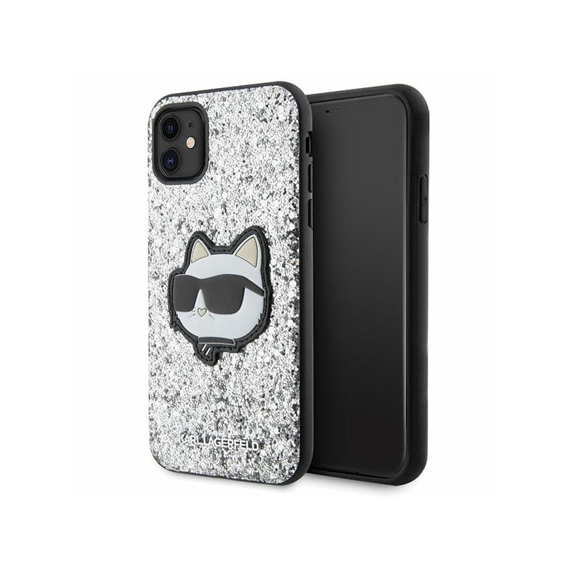 Kryt Karl Lagerfeld KLHCN61G2CPS pro iPhone 11 / iPhone XR - stříbrná/stříbrná Glitter Choupette Patch