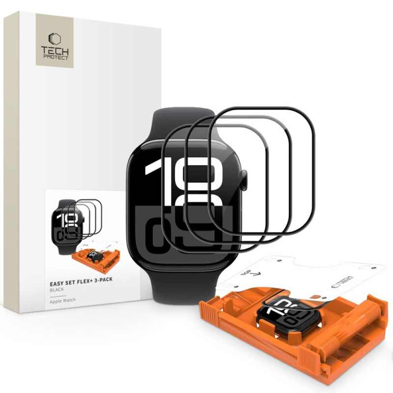 Hybridní ochranné sklo Tech-Protect Easy Set Flex+ (3 ks) pro Apple Watch 10 / 11 (42 mm) – černé