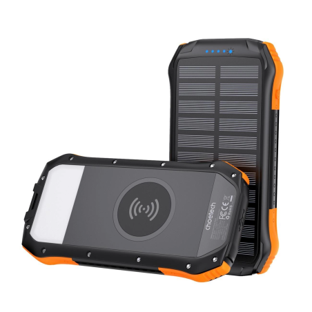 CHOETECH B659 Solární Powerbanka 10.000mAh s bezdrátovým nabíjením, 2x USB a svítilnou, černo-oranžová