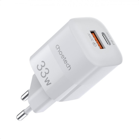 CHOETECH PD5006 Mini GaN dvouportová nabíječka USB a USB-C PD 33W, bílá