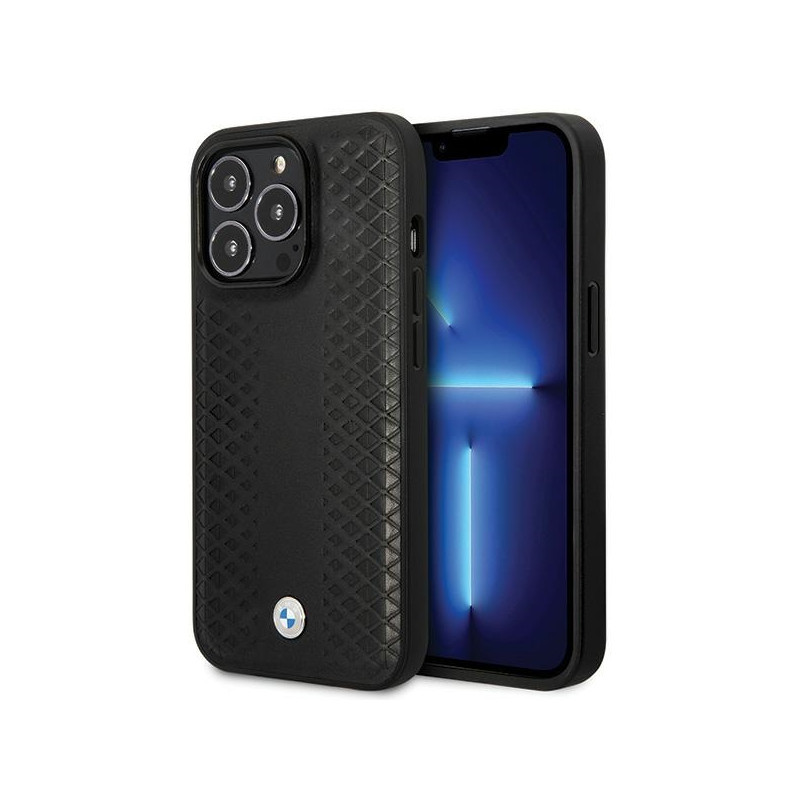 BMW kožené pouzdro Leather Diamond Pattern pro iPhone 14 Pro – černé