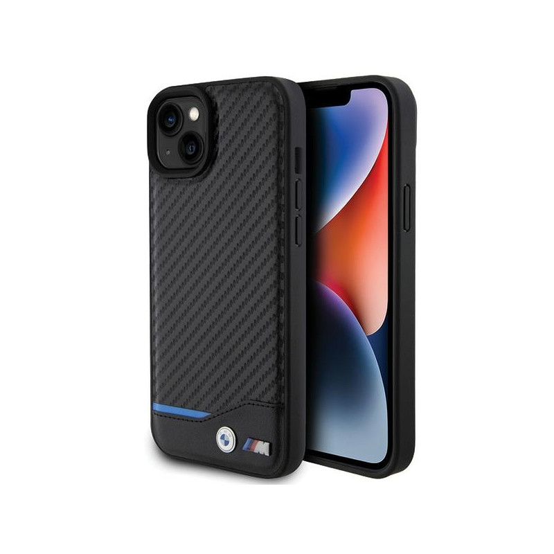 BMW kožené pouzdro Leather Carbon pro iPhone 15 Plus – černé