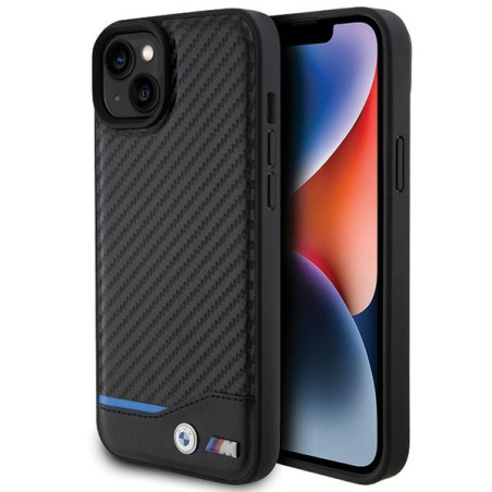 BMW kožené pouzdro Leather Carbon pro iPhone 15 Plus – černé