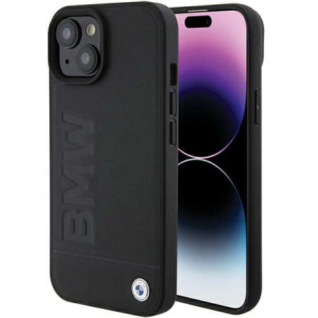 BMW kožené pouzdro Leather Hot Stamp pro iPhone 15 Plus – černé