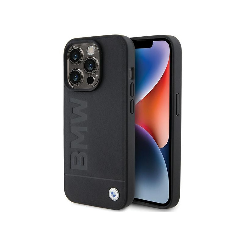 BMW kožené pouzdro Leather Hot Stamp pro iPhone 15 Pro Max – černé