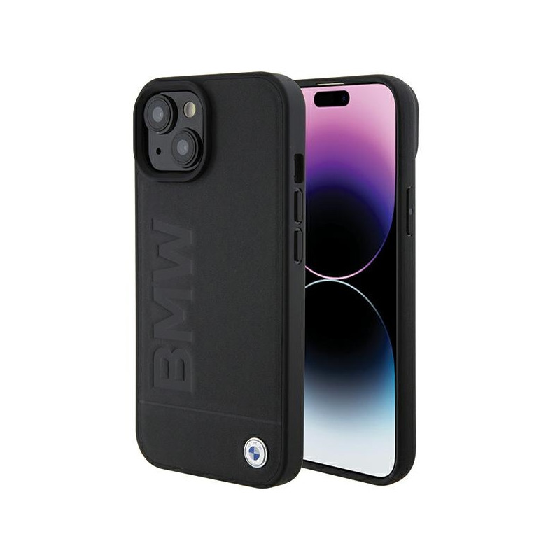Pouzdro BMW MagSafe Leather Hot Stamp pro iPhone 15 Plus - černé