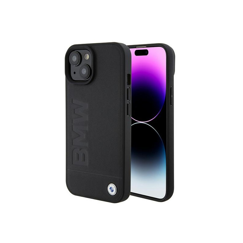 BMW BMHMP15SSLLBK kožené MagSafe pouzdro Signature Logo Imprint pro iPhone 15 6.1" – černé