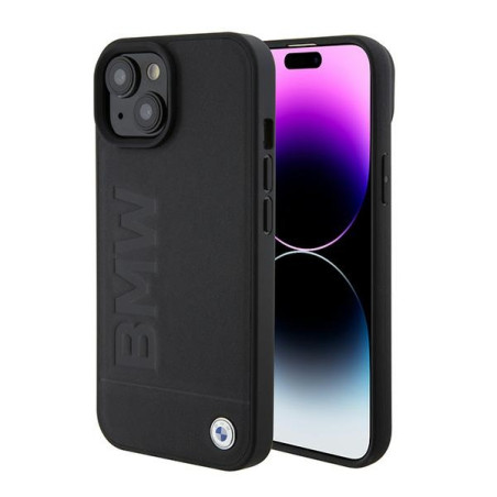 BMW BMHMP15SSLLBK kožené MagSafe pouzdro Signature Logo Imprint pro iPhone 15 6.1" – černé