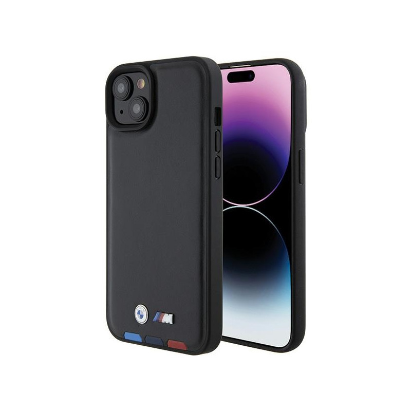 BMW BMHCP15M22PTDK iPhone 15 Plus 6.7" černé kožené pouzdro Leather Stamp Tricolor