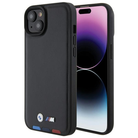 BMW BMHCP15M22PTDK iPhone 15 Plus 6.7" černé kožené pouzdro Leather Stamp Tricolor