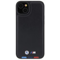BMW BMHCP15M22PTDK iPhone 15 Plus 6.7" černé kožené pouzdro Leather Stamp Tricolor