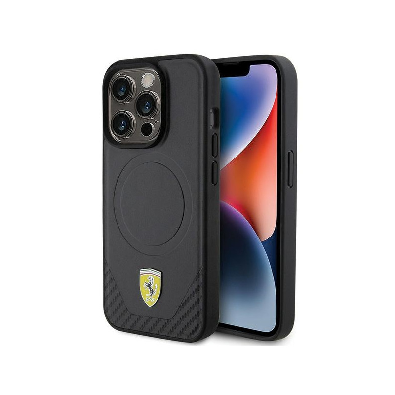 Kryt Ferrari CARBON METAL Logo pro iPhone 15 Pro - černý