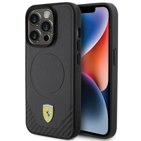 Kryt Ferrari CARBON METAL Logo MagSafe pro iPhone 15 Pro - černý