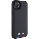 BMW BMHCP15M22PTDK iPhone 15 Plus 6.7" černé kožené pouzdro Leather Stamp Tricolor