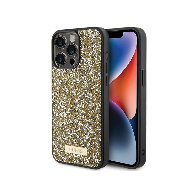 Kryt Guess RHINESTONE METAL LOGO pro iPhone 15 Pro - žlutý