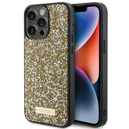Kryt Guess RHINESTONE METAL LOGO iPhone 15 Pro – žlutý