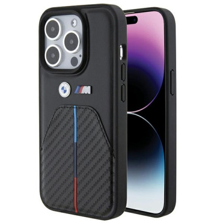 BMW pouzdro Stamped Tricolor Stripe pro iPhone 15 Pro – černé