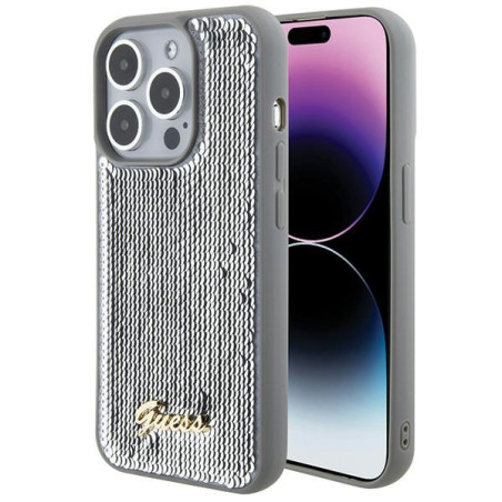 Kryt Guess Sequin Script Metal pro iPhone 15 Pro – stříbrná