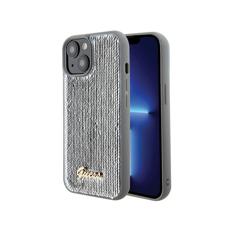 Kryt Guess SEQUIN SCRIPT Metal pro iPhone 15 - stříbrná