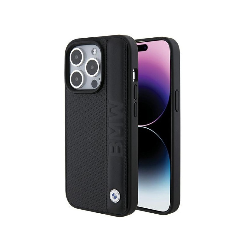 BMW kožené pouzdro Leather Textured & Stripe pro iPhone 15 Pro Max – černé
