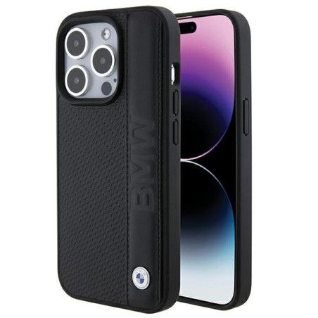 BMW kožené pouzdro Leather Textured & Stripe pro iPhone 15 Pro Max – černé