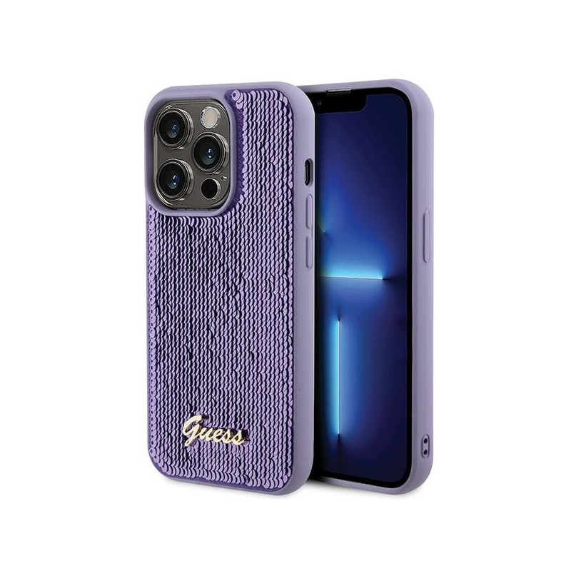 Kryt Guess SEQUIN SCRIPT METAL pro iPhone 15 Pro Max - fialová