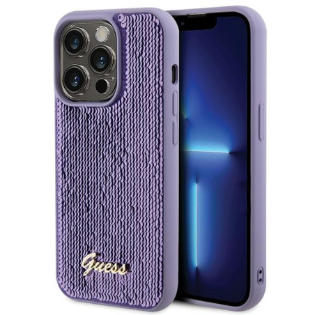 Kryt Guess SEQUIN SCRIPT METAL pro iPhone 15 Pro Max – fialová