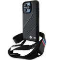 BMW kožené pouzdro M Edition Carbon Stripe & Strap pro iPhone 15 Pro – černé