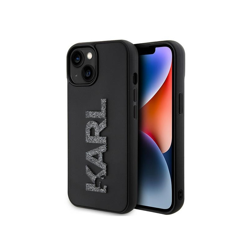 Kryt Karl Lagerfeld 3D RUBBER GLITTER Logo pro iPhone 15 - černý