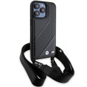 BMW kožené pouzdro M Edition Carbon Stripe & Strap pro iPhone 15 Pro – černé