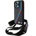BMW pouzdro M Edition Carbon Tricolor Lines & Strap pro iPhone 15 Pro – černé