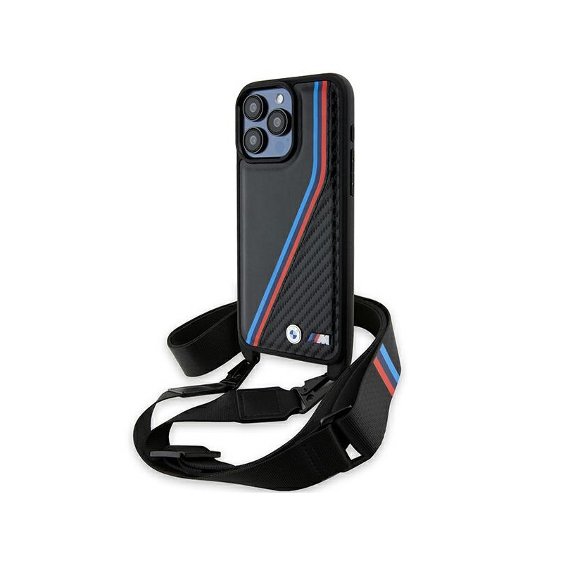 BMW pouzdro M Edition Carbon Tricolor Lines & Strap pro iPhone 15 Pro – černé